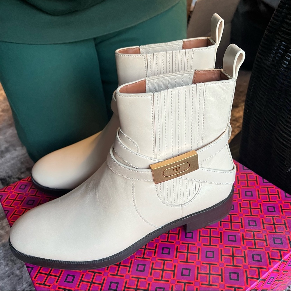 Tory Burch cream leather ankle boot with strap detail NWT